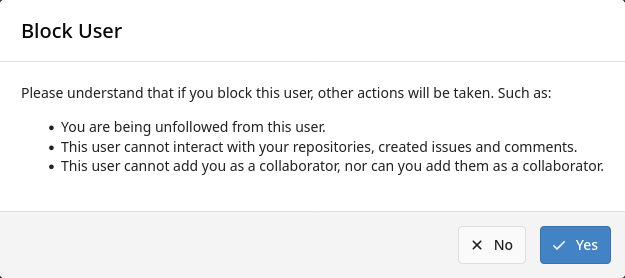 Popup where implications of the block action is listed