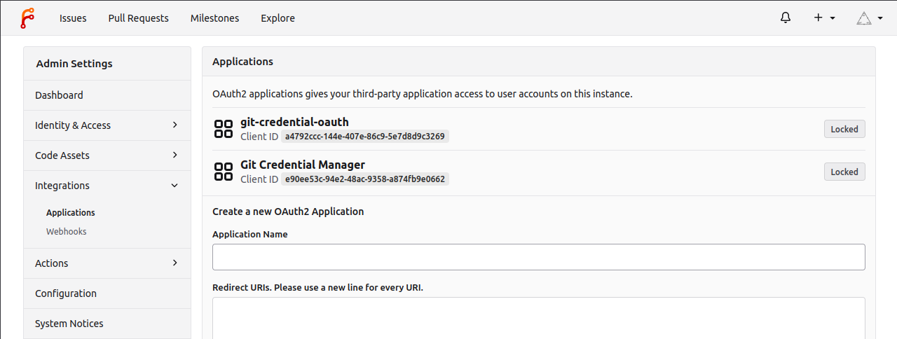 pre-registered Git credential applications